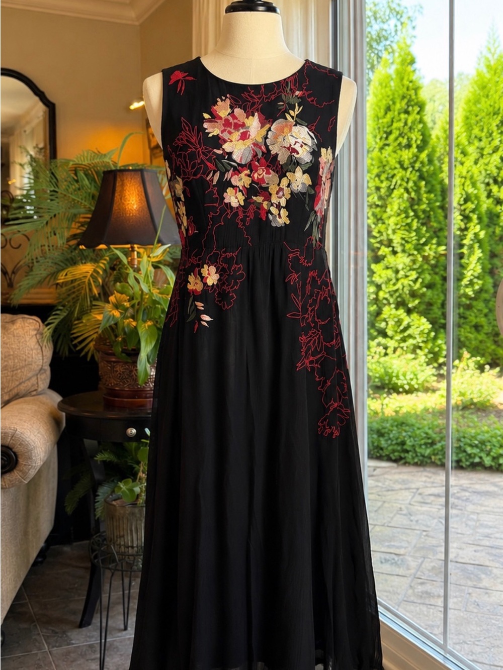 Soft Surroundings Black Midi Dress with Pink, Cream & Red Floral Embroidery - Picture 1 of 3